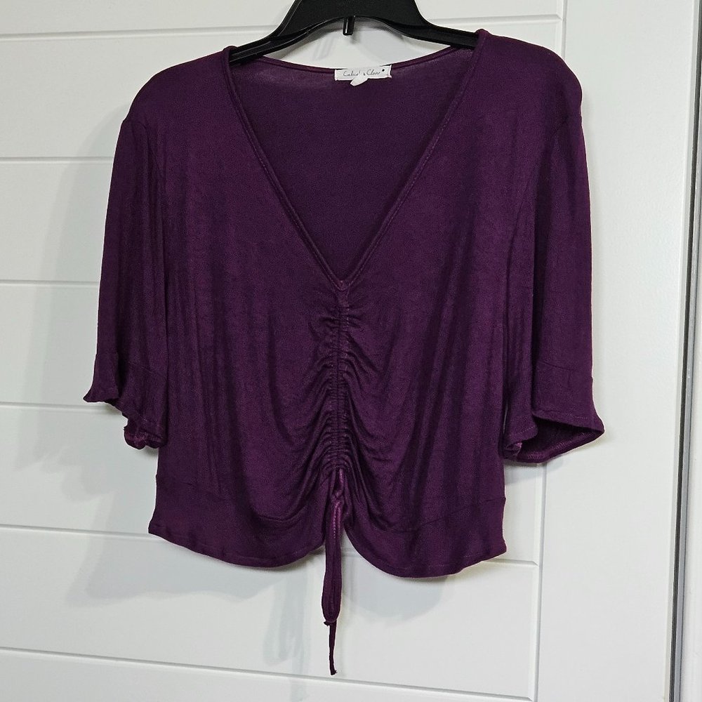 Caleigh & Clover Women's Ruched Drawstring Front V-Neck Large Purple Crop Top